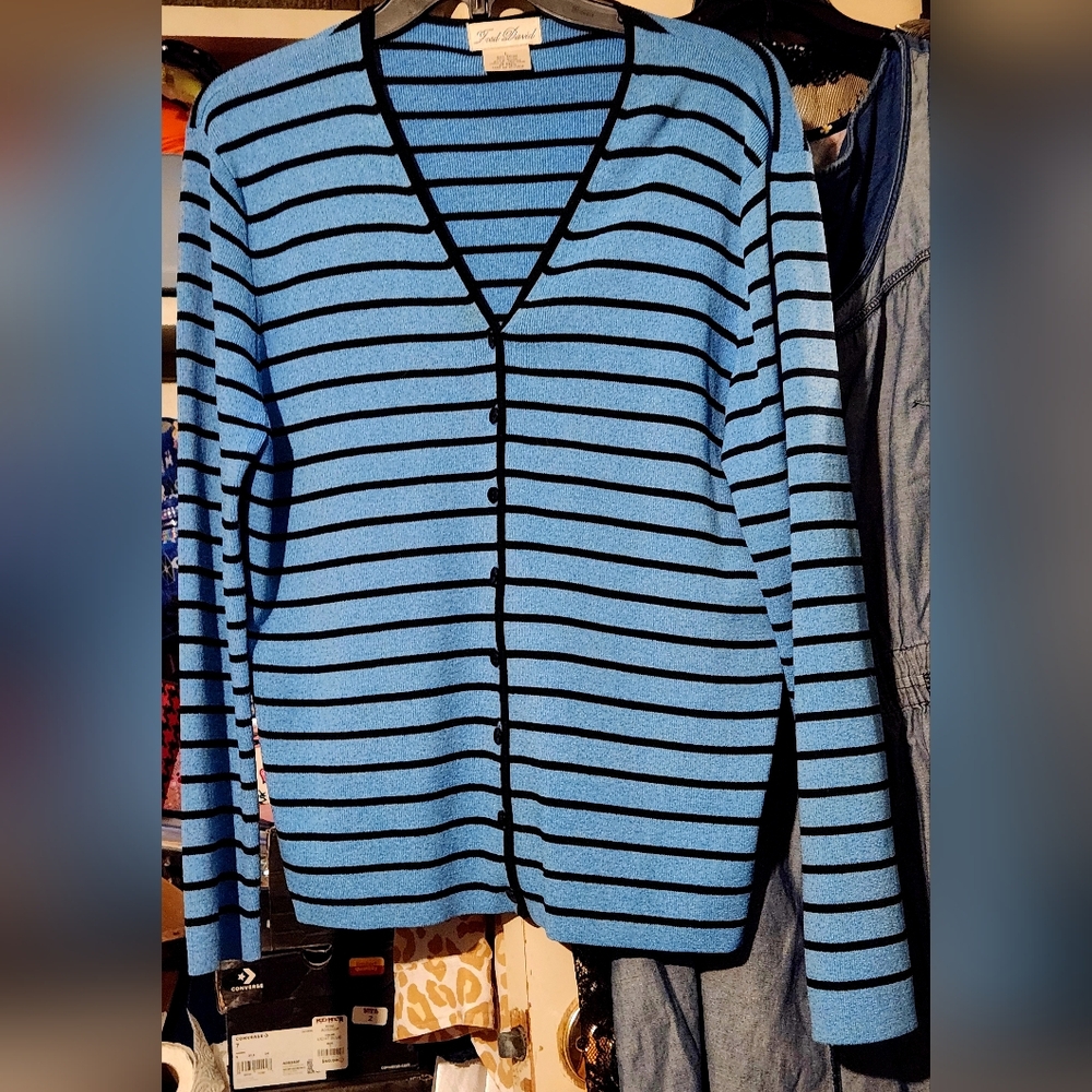 Fred David Blue Striped Cardigan size L